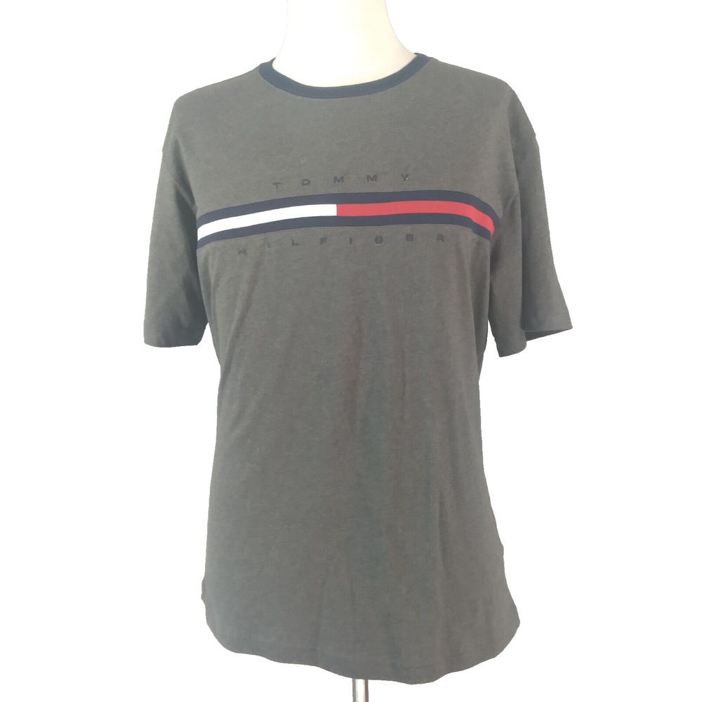 Tommy Hilfiger Mens Shirt Large Gray Spell Out Flag Cotton Short Sleeve